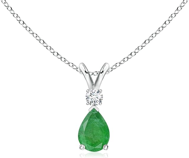 Angara Emerald Teardrop Necklace with Diamond in Silver/14K Solid Gold/Platinum | Natural Prong-Set Emerald V-Bale Pendant With 18" Chain for Women | July Birthday Gemstone Jewelry Gift