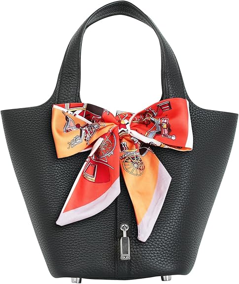 Leather Handbag (Scarf Detaches) Genuine Leather Bucket Bag for Women,Market Tote Bags with Metal Clasp