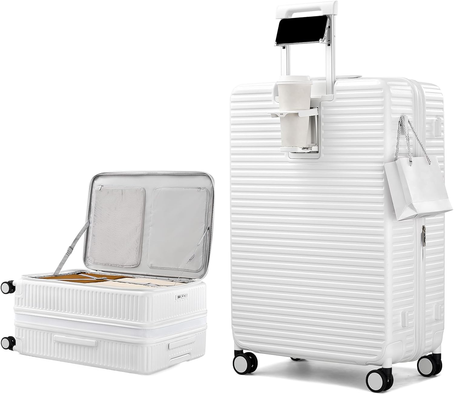 HanTrip Hard Shell Suitcases 28 Inch Large Checked Luggage with Spinner Wheels Cup Holder, Expandable Check in Luggage Lightweight Top Opening Luggage Big Rolling Suitcase with Lock, White