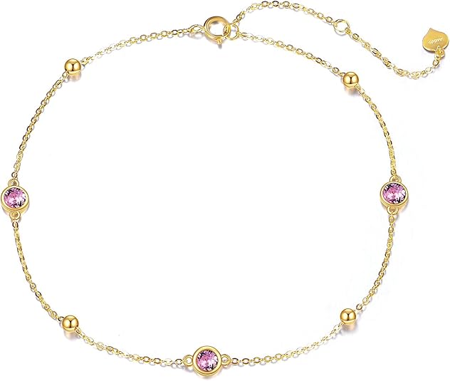 DOVRAN 14K Solid Gold Birthstone Anklet for Women Crystal Chakra Ankle Bracelet Real Gold Jewelry Gift Birthday