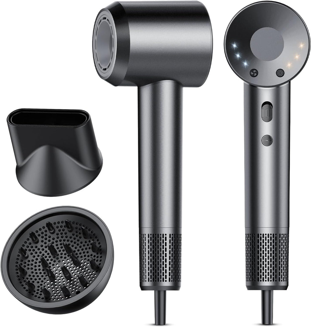 aowoka Hair Dryer, 160000 RPM Professional High Speed Ionic Blow Dryer 500 Million Negative Ions & Heat-Control & Low Noise Hairdryer for Faster Drying, Frizz Reduce, Travel with Diffuser（Grey）