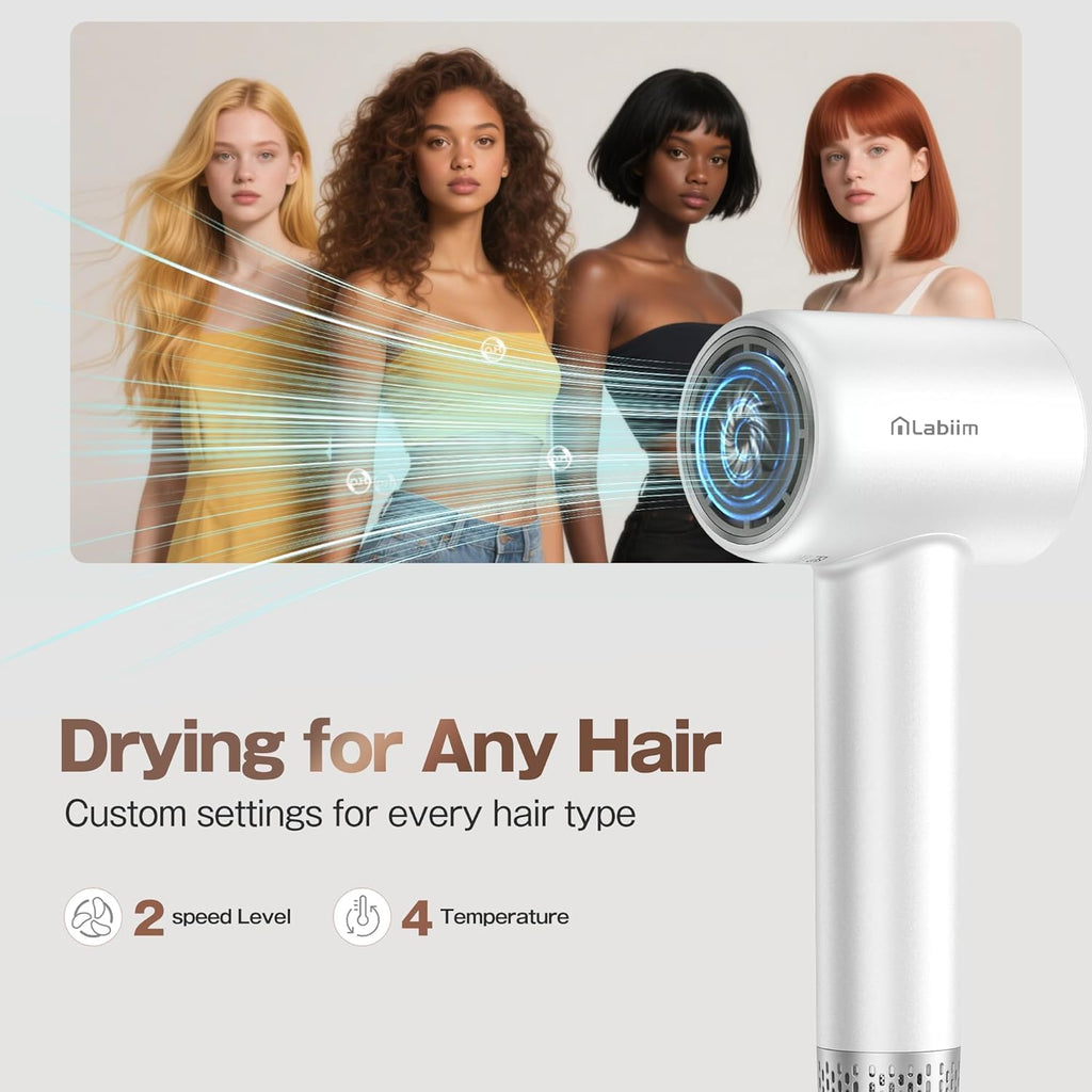 Labiim Hair Dryer, High-Speed 110,000 RPM Brushless Motor Blow Dryer,200 Million Ionic Fast Drying, Lightweight Thermo-Control Quiet Compact Hairdryer with Magnetic Nozzle for Home Salon Travel, White